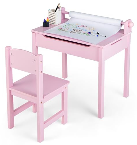 GYMAX Kids Desk and Chair Set, Wooden Children Art Table with Storage Space, Paper Roll and Markers, Lift-up Tabletop Design, Toddler Study Desk Set for 3 Years Old + Boys Girls (Pink)