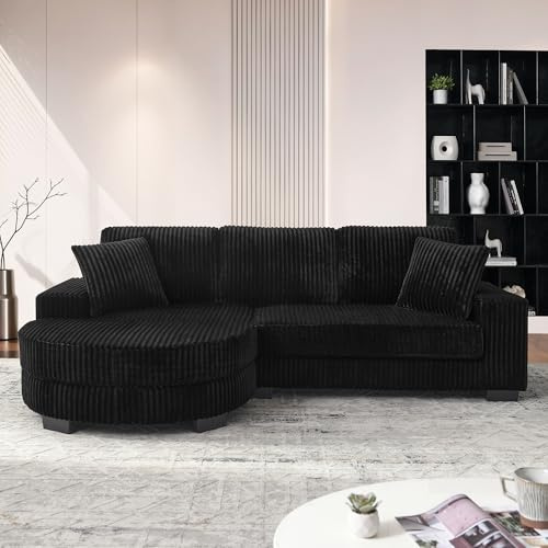 Luscriate L-formad hörnsoffa 4-sits, modulär Corduroy-soffa med pall, bekväm vardagsrumssoffa med 2 kuddar, platsbesparande vardagsrum och lägenheter, 256 × 134 cm (svart – 2 kuddar)