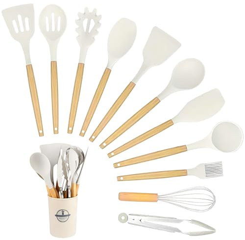 Silicone Cooking Utensils Set, 12 Pcs Kitchen Utensils Set with Wooden Handle, Heat Resistant Nonstick Cookware Tongs Spatula Spoon Set for Kitchen Tools & Accessories for Cooking (Beige)