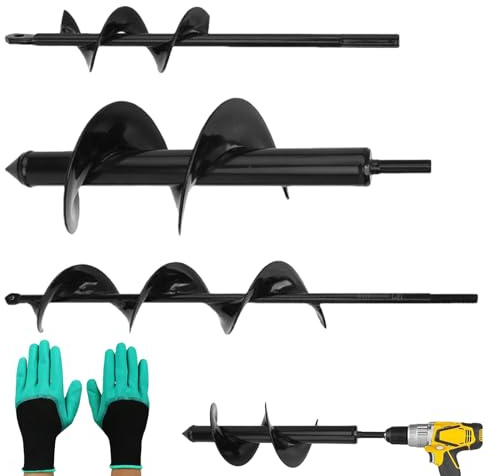 3pcs Tariere Pour Perceuse, Foret Hélicoïdal De Jardin, Tarière De Plantation D'ampoules, Avec Gants Jardinage, Pratique Pour Creuser Des Trous Et Cultiver En Profondeur, 8x30 +4x22 +4x42 Cm