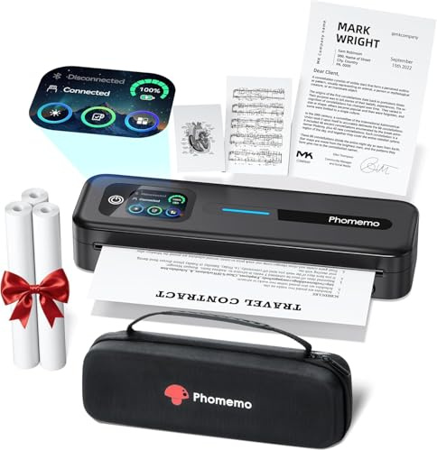 Phomemo M832D Stampante Termica Portatile A4, Stampante Termica Con Schermo Tattile Senza Inchiostro per Casa e Ufficio, Stampanti Mobili Con Custodia per il Trasporto e 3 Rotoli di Carta Termica