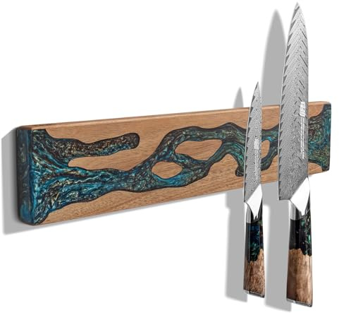 FINDKING Magnet Messerleiste Wand Akazienholz Blaue Harz 40cm Ohne Bohren | Akazienholz, Mineralblaue Harz-Einlage, Starke Magnete, Wandmontage, Ohne Bohren, Küchenorganizer
