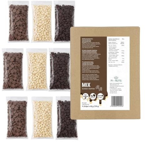 Schokoladen-Mix Fondue-Drops - 3× weiße, 3× Milch, 3× Zartbitter für Dessert, Kuchen & Schokoladenbrunnen - 720 g (9×80 g)