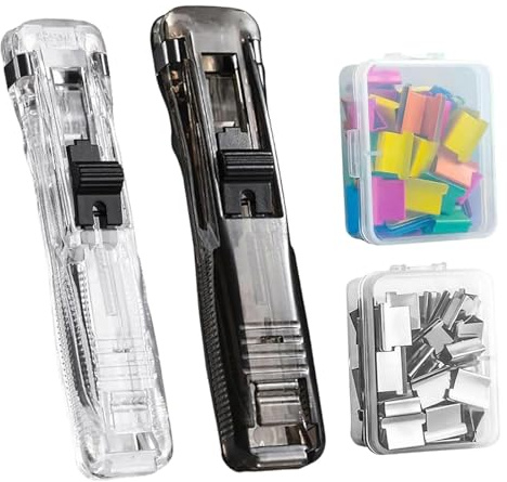2 Piezas Grapadora de clip, Grapadora reutilizable y portátil de presión, Dispensador de clips, Incluye 100 clips de acero inoxidable, Ideal para oficina, escuela y hogar (B)