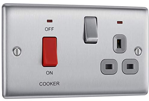 BG Electrical Cooker Switch with Socket and LED, Cooker Control Unit, Control Socket, Double Pole, Raised Profile, Round Edges, Nexus Metal, Brushed Steel, Grey Inserts, 45A, NBS70G