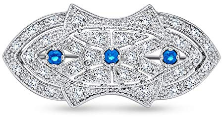 Art Deco Stil Schal Brosche Pin Für Frauen Blau Klar Cz Simulierten Saphir Silber Plattiert Messing