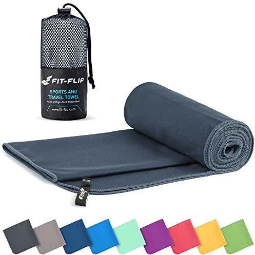 Fit-Flip Microfibre towel - compact, ultra lightweight & quick dry - perfect for gym, travel & beach - swimming towels for sports, camping & hiking (30x50cm dark grey + bag)