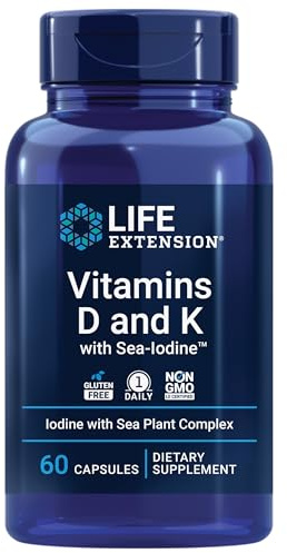 Life Extension Vitamins D and K with Sea-Iodine, Vitamin D3, Vitamin K1 and K2, Iodine, Supports Immune, Bone, arterial and Thyroid Health, Non-GMO, Gluten-Free, 60 Capsules