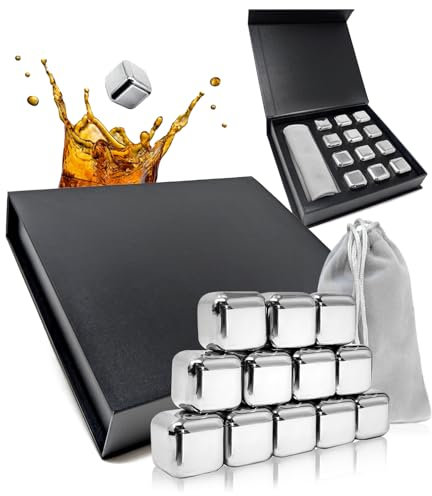 com-four® Whisky Edelstahl Steine Geschenk-Set - 12x Eiswürfel mit Stoffbeutel und Geschenk-Box - Wiederverwendbare Eiswürfel-Steine für Whiskey, Gin, Tonic und Cognac (12 Stück mit Geschenkbox)