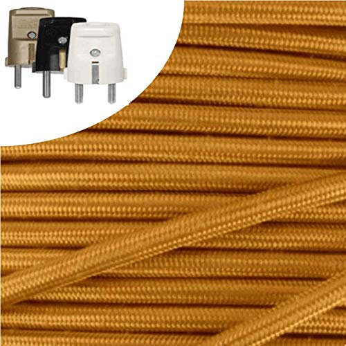 Textilkabel, Stoffkabel, Verlängerung 5 METER Farbe Gold 3 adrig 3 x 0,75 mm² rund wahlweise mit Schukostecker (5 mtr. Schukostecker Standard gold)