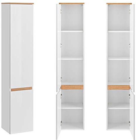 Badezimmer Hochschrank in Hochglanz weiß & Wotaneiche B/H/T: 35/176/30cm