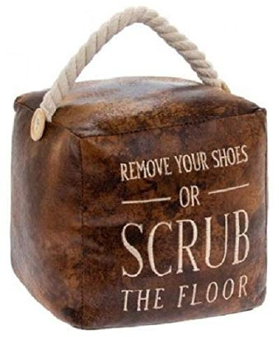 L & P Faux Leather Distressed Vintage Novelty Cube Door Stop Complete with Rope Handle Remove Your Shoes Or Scrub The floor Heavy Door Stopper