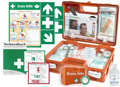 Verbandskoffer/Verbandskasten (K) Typ C -Komplettpaket- Erste Hilfe mit aktueller DIN 13157 für Betriebe INKL. VERBANDBUCH + Hygiene-Gel & AUSHANG +Aufkleber