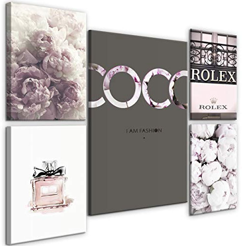 decomonkey Bilder Set Blumen 110x80 cm 5 Teilig Leinwandbilder Bild auf Leinwand Vlies Wandbild Kunstdruck Wanddeko Wand Wohnzimmer Wanddekoration Deko Pfingstrose Spruch Modern