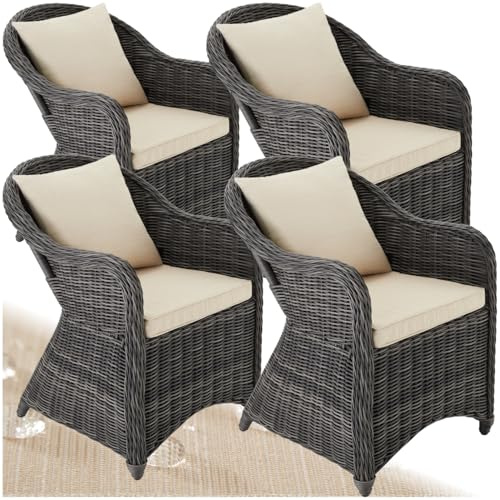 tectake® 4er Set Rattansessel, Polyrattan Gartenstühle mit Aluminiumgestell, Outdoor Korbsessel mit weichen Sitzpolstern, wetterfest, Rattan Stuhl für Garten Terrasse Balkon und Wintergarten - grau