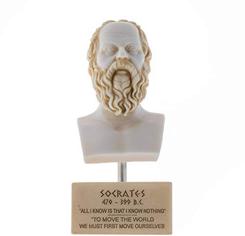 Statua del filosofo greco SOCRATES busto alabastro scultura tono oro Accademia di Atene base in marmo