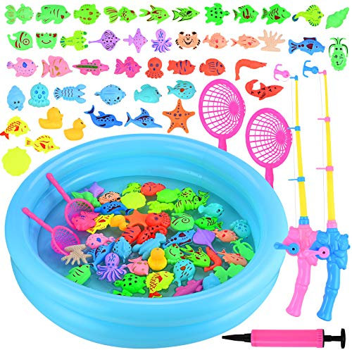 GOLDGE Magnetic Fishing Toys, 52 PCS Fishing Game Set for Kids with Inflatable Pool, 2 Pole Rods, 2 Nets, 46 Plastic Floating Fish and Mini Inflator, Toddler Educational Bath Toy Play Set