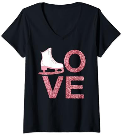 Damen Rosa Love Eiskunstlauf Kleid Eislaufschuhe Schlittschuhe T-Shirt mit V-Ausschnitt