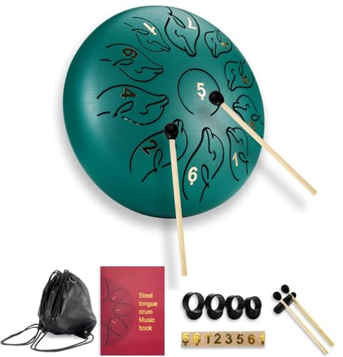 Tongue Drum,11 Noten 6 Zoll Zungentrommel Scheibentrommel,Steel Pan Töne Schlaginstrument Hand Pan Drum mit Tasche,Fingerpick,Musikbuch und Schlägel für Meditation Yoga Klangheilung -Grün
