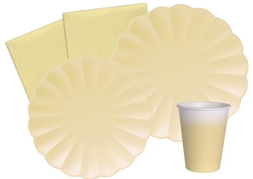 Ciao Kit Vajilla de Fiesta Flower Shape para 8 personas (44 pcs: 8 platos Ø23cm, 8 platos Ø18cm, 8 vasos 250ml, 20 servilletas 33x33cm) de papel compostable eco-friendly, amarillo pastel