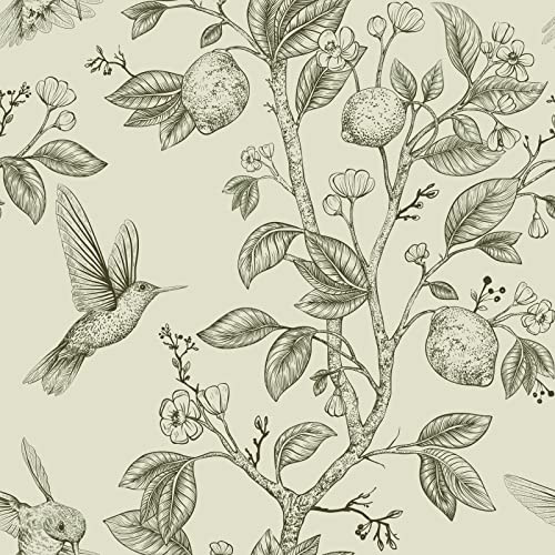 VEELIKE Beige Tapete Blumen Vintage Zitrone Vogel Fototapete Selbstklebend Schrankpapier Schlafzimmer Möbelfolie Wasserfest Klebefolie Möbel Tropische Blätter Wandtapete Wohnzimmer 44.5cm×300cm