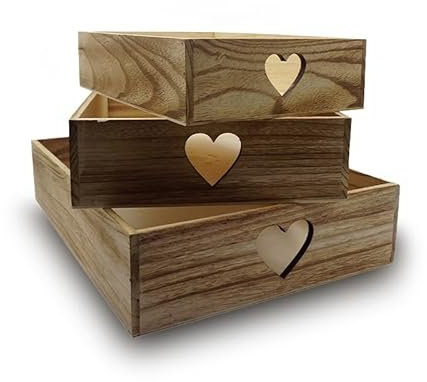 Virsus Set 3 Cassette in Legno Impilabili 3526, Maniglie a Cuore, misure 30x20x7cm, 35x25x8cm, 40x30x9cm, Cestini Portaoggetti Decorativi, organizer per camera, cucina, bagno (Legno Naturale)