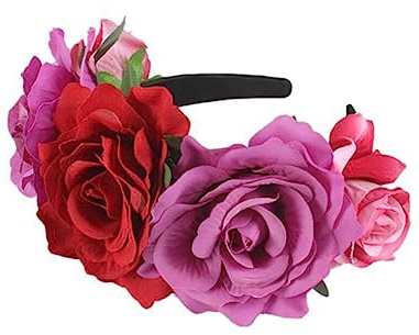 Haarreif Dia de los Muertos Halloween Rosen Haarreifen,Tag der Toten Blumenkrone, Mexikanische Blumen-Haarbänder Stirnband,Damen Haarband Party Kostüm Rose Blume Krone Kopfschmuck Cosplay Haarschmuck