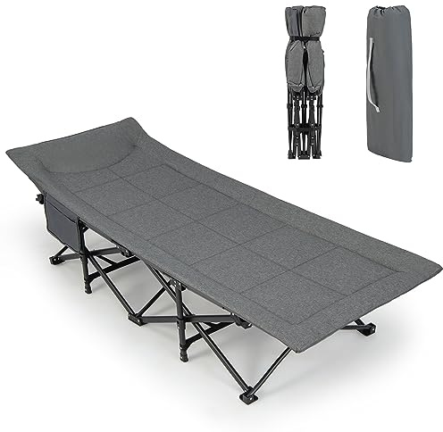 COSTWAY Folding Camping Bed for Adults, Extra Wide Portable Sleeping Cot with Headrest, Side Pocket & Carry Bag, Heavy Duty Lounger Camp Bed for Travel Beach Office, Weight Capacity 180kg (Gray)