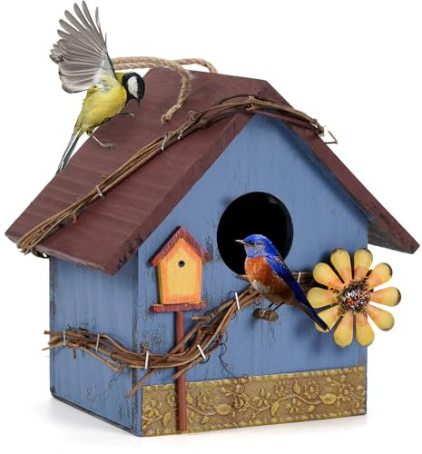 JUJOYBD Deko Vogelhaus zum Aufhängen, Wetterfest Nistkasten für Meisen, Vogelhäuschen Gartendeko für Garten, Balkon & Terrasse