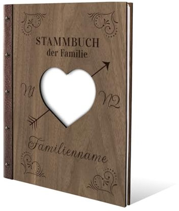 Personalisiertes Stammbuch Hochzeit aus echtem Holz mit Leder Rücken A5 oder A4 inkl. vorgedruckten Seiten - Herzpfeil