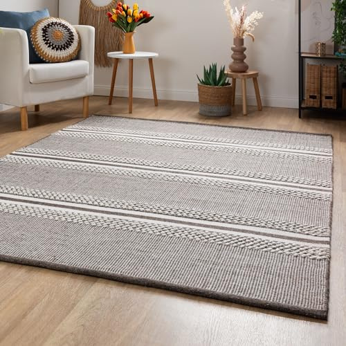 Steffensmeier Handweb Teppich Habo | Wolle (Schurwolle), Grau, handgewebt, Größe: 120x180 cm Wohnzimmer und Schlafzimmer