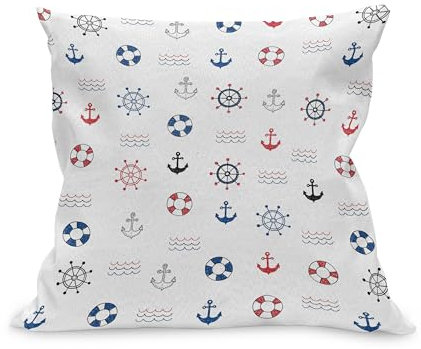 ABAKUHAUS Nautisch Kissenbezug, Marine Elements Featured Rettungsring Anker Kompass Meereswellen Kids Nursery Theme, Kissenhülle mit Reißverschluss Beidseitiger Druck, 50 x 50 cm, Blau und rot