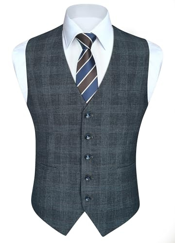 HISDERN Gilet Costume Homme à Carreaux Classique Formel Gilets Sans Manche Hommes Coton Mariage Veston avec Poches Fête Casual