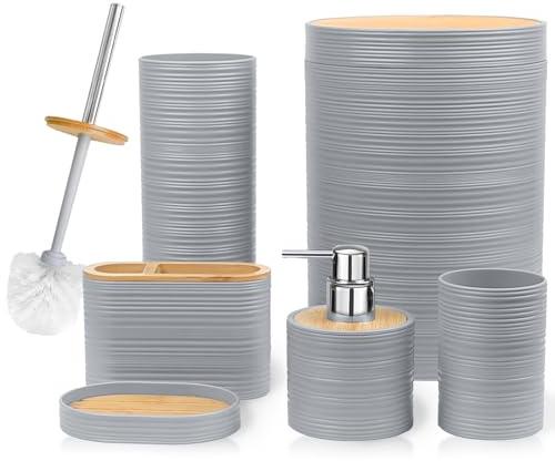 CERBIOR Bathroom Accessories Set 6 Piece Bamboo Bath Ensemble Includes Soap Dispenser, Toothbrush Holder, Toothbrush Cup, Soap Dish for Decorative Countertop and Housewarming Gift, Sriral Grey