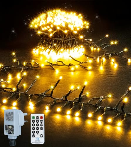 Cluster Christmas Lights Outdoor, 9m 600LEDs Christmas Tree Lights Mains Powered, Fairy Lights with 8 Modes&Timer&4 Brightness Levels&Waterproof with Remote for Garland/Party/Xmas Decorations