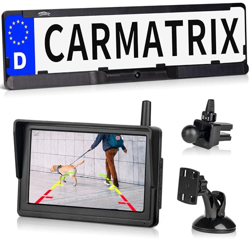 CARMATRIX Solar Funk Rückfahrsystem HD Rückfahrkamera im Nummernschild für EU & Österreich mit 5 Monitor Vorne o. Hinten Digital zum Nachrüsten Einparkhilfe Kennzeichenhalter kabellos (Solar 4)
