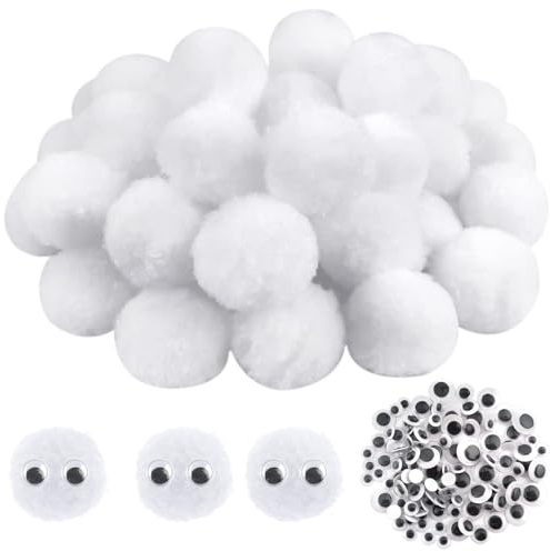 TOAOB 50 pcs Craft Pompoms Loisirs Creatifs Blanc 4 cm Gros Pompons Moelleux avec 100 pcs Yeux Mobiles pour Bricolage Fournitures Décorations Couture Guirlandes Franges Projets et Artisanat