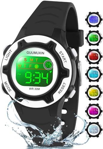 GUUMUXIN Reloj Digital Infantil para Niños y Niñas de 4 a 13 Años con Luces LED de 7 Colores y Correa de Silicona Suave, Reloj de Pulsera Impermeable a 3 ATM con Despertador para Niños