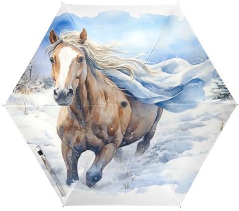 NYYYTTTEU Aquarellmalerei Pferd Kunst Auf-Zu Automatik Schirme Regenschirm Taschenschirm Kompakt UV-Schutz Reise Schirm für Jungen Mädchen Strand Frauen