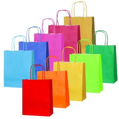 Thepaperbagstore 20 Regenbogen Kleine Papiertüten mit Henkel 18 x 22 x 8 cm | Farbige, recycelbare Kraftpapiertüten für Süßigkeiten, Geschenke, Hochzeiten, Partys & Events.