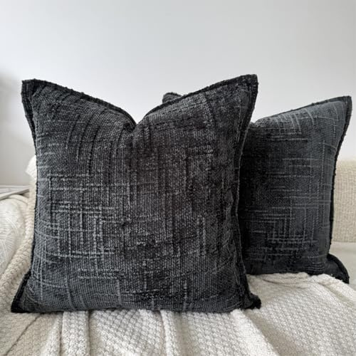 OYIMUA Textur Chenille Kissenbezug 40x40 Schwarz 2er Set Dekokissen | Landhaus Boho Sofakissen,Quadratische Modern Kopfkissenbezug für Bett Sofa,Wohnzimmer Schlafzimmer Deko Kissen bezug