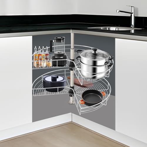 Armario de esquina de cocina, cesta giratoria de 270°, armario de cocina, altura ajustable, accesorios de hierro, cesta de doble capa, organizador de cocina, color plateado