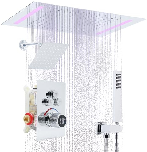 Delnet Dual Shower Heads Digital Display Valve Shower Mixer Set, with 14x20inch(35.6x50.8 cm) Ceiling Shower Head-Rainfall & 6 Wall Mounted Head, Can be Turned on simultaneously, Chrome