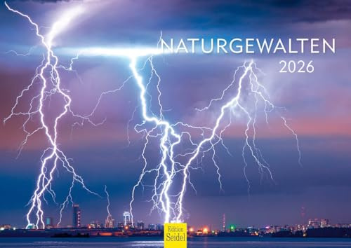 Edition Seidel Calendario Premium Naturgewalten 2026, formato DIN A4, calendario de pared, calendario natural, luces del norte, géiser, glaciar, volcán, rayos, cascada
