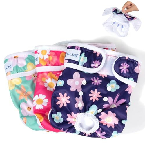 Pet Soft Hundewindeln für Hündinnen, 3 Stück Wiederverwendbare Läufigkeitshose für Hündinnen S mit Auslaufsichere Gesäßtasche, Hochsaugfähige Hunde Windeln Weiblich (Blumen, S)