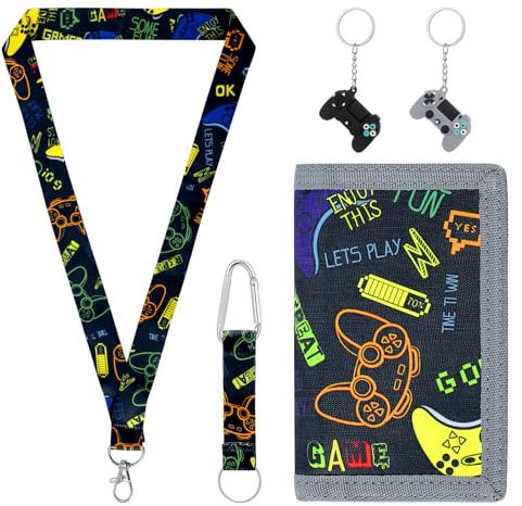 Kids Wallet for Boys & Girls, Boys Wallet for Teenagers Trifold Wallet with Zipper Coin Pocket, Card Slots, ID Window & Lanyard, Canvas Wallet for School, Travel, Birthday Gifts (Black Game Design)