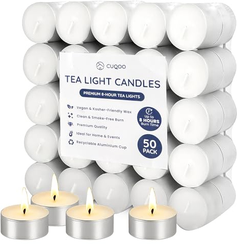 CUQOO Tea Lights 8 Hour Burn 50-Pack Unscented Tealight Candles – 8hr Long Burning Vegan Smokeless Tea Light Small White Candles for Wax Burners, Home, Weddings & Emergency Use