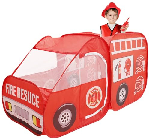 Children's Play Tents for Boys Fire Truck Pop Up Tent Pretend Playhouse Toys Gift for 3-10 Year Old Kids Foldable Play Tent Set with Storage Bag Indoor and Outdoor