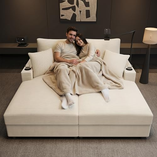Sofá cama de 2 plazas, sofá de 2 plazas con función de cama, sofá cama matrimonial moderno con USB y tipo C, con soporte para teléfono móvil giratorio 360°, 2 cojines, 2 portavasos, sillón acolchado