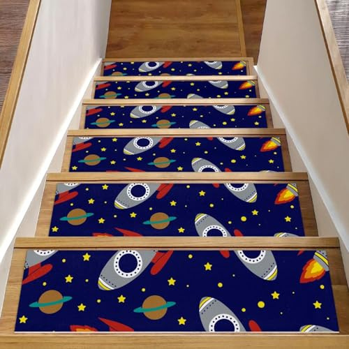 Eslifey Rockets Space - Tappetini per scale in legno, antiscivolo, per interni, 76,2 x 20,3 cm, per cani, bambini, anziani, con adesivo riutilizzabile, confezione da 15
